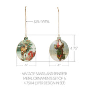 Vintage Santa and Reindeer Metal Ornaments Set of 6 - 4.75 inch