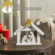 A Savior is Born Distressed White Wooden Nativity Scene 8.5x10x1.5