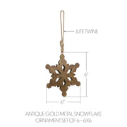 Antique Gold Metal Snowflake Ornament Set of 6 - 6 inch