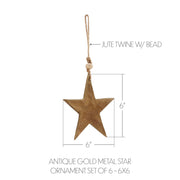 Antique Gold Metal Star Ornament Set of 6 - 6 inch