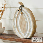 Distressed White Carved Wooden Pumpkin Rustic Farmhouse Fall Autumn Home Decor 12x8.75x1.5 Seasonal Tabletop Accent (2 Piece Bundle)