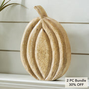 Natural Carved Wooden Pumpkin Fall Farmhouse Tabletop Decor Rustic Solid Wood Autumn Accent 10x7.25x1.5 inches (2 Piece Bundle)