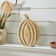 Natural Carved Wooden Pumpkin Fall Farmhouse Tabletop Decor Rustic Solid Wood Autumn Accent 10x7.25x1.5 inches (2 Piece Bundle)