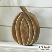 Carved Wood Pumpkin Fall Decor Rustic Walnut Brown Tabletop Accent 8x6x1.5 inch (2 Piece Bundle)
