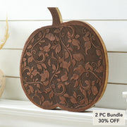 Dark Rustic Wooden Carved Vine Pumpkin 14 Farmhouse Fall Home Decor Accent (2 Piece Bundle)