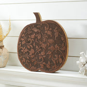 Dark Rustic Wooden Carved Vine Pumpkin 14 Farmhouse Fall Home Decor Accent (2 Piece Bundle)