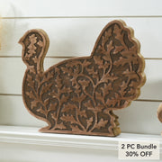 Rustic Dark Wood Carved Turkey Figurine, Autumn Fall Harvest Thanksgiving Tabletop Decor 11.5x13.5x2.5 inches (2 Piece Bundle)