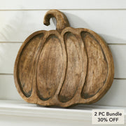 Rustic Dark Wood Pumpkin Fall Decorative Serving Tray Autumn Harvest Table Centerpiece Accent Decor 12 x 13.75 x 1 Inch (2 Piece Bundle)