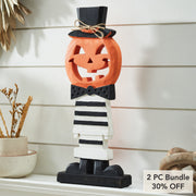 17.5 inch Fancy Wooden Jack O Lantern Halloween Pumpkin Decor Rustic Fall Tabletop Display (2 Piece Bundle)
