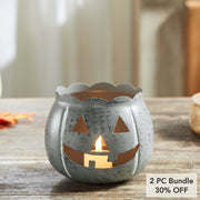 Decorative Halloween Jack O Lantern Candle Holder Antique Grey Fall Tabletop Decor 4.25x5.25x5.25 (2 Piece Bundle)