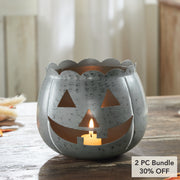 Halloween Jack O Lantern Candle Holder Antique Grey Fall Tabletop Seasonal Decor 6.25x7.5x7.5 Inch (2 Piece Bundle)