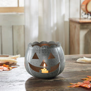Halloween Jack O Lantern Candle Holder Antique Grey Fall Tabletop Seasonal Decor 6.25x7.5x7.5 Inch (2 Piece Bundle)