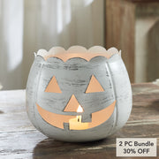 Antique White Jack O Lantern Candle Holder Halloween Fall Decor Centerpiece 6.25x7.5x7.5 Inch Spooky Tabletop Accent (2 Piece Bundle)