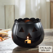 Halloween Black Jack O Lantern Decorative Candle Holder Spooky Pumpkin Votive Lantern 6.25in H x 7.5in W x 7.5in D Seasonal Accent (2 Piece Bundle)