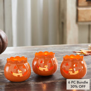 Halloween Jack O Lantern Pumpkin Votive & Tealight Candle Holders (Set of 3) Orange Fall Tabletop Decor 3.5 (6 Piece Bundle)