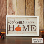 Welcome To Our Home Pumpkin Wall Sign 10x16 Rustic Farmhouse Fall Autumn Harvest Wall Decor Plaque for Entryway and Living Room (2 Piece Bundle)
