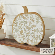 Whitewash Wood Carved Vine Pumpkin Fall Harvest Tabletop Decor 14x14x1.5 Inch (2 Piece Bundle)