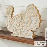 Whitewash Wooden Carved Turkey Tabletop Decor Rustic Farmhouse Harvest Fall Thanksgiving Leaf Figurine Accent 11.5 x 13.5 x 2.5 Inches (2 Piece Bundle)