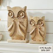 Natural Wooden Owl Decor Statues, Hand Carved Solid Wood Figurines, Set of 2 Rustic Farmhouse Home Accents 9.75 inch & 13.25 inch (4 Piece Bundle)