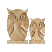 Natural Wooden Owl Decor Statues, Hand Carved Solid Wood Figurines, Set of 2 Rustic Farmhouse Home Accents 9.75 inch & 13.25 inch (4 Piece Bundle)