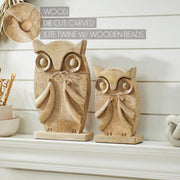 Natural Wooden Owl Decor Statues, Hand Carved Solid Wood Figurines, Set of 2 Rustic Farmhouse Home Accents 9.75 inch & 13.25 inch (4 Piece Bundle)