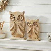 Natural Wooden Owl Decor Statues, Hand Carved Solid Wood Figurines, Set of 2 Rustic Farmhouse Home Accents 9.75 inch & 13.25 inch (4 Piece Bundle)