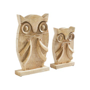 Natural Wooden Owl Decor Statues, Hand Carved Solid Wood Figurines, Set of 2 Rustic Farmhouse Home Accents 9.75 inch & 13.25 inch (4 Piece Bundle)