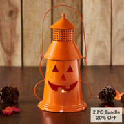 Decorative Orange Halloween Pumpkin Tealight Candle Holder Lantern 12x8x6 (2 Piece Bundle)