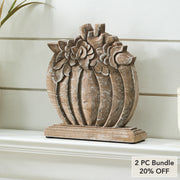 Rustic Farmhouse Carved Wooden Floral Crown Pumpkin Autumn Fall Harvest Tabletop Decor 8.5x8x2 Inch (2 Piece Bundle)