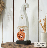 Whimsical Wooden Jack O Lantern Ghost Tabletop Decor Figurine Festive Fall Halloween Accent 12.5inch (2 Piece Bundle)