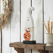 Whimsical Wooden Jack O Lantern Ghost Tabletop Decor Figurine Festive Fall Halloween Accent 12.5inch (2 Piece Bundle)