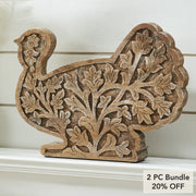 Autumn Harvest Carved Wooden Turkey Figurine, Fall Leaf Tabletop Decor, Thanksgiving Accent, 10x14x2 (2 Piece Bundle)