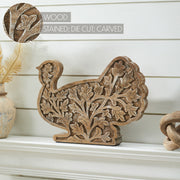 Autumn Harvest Carved Wooden Turkey Figurine, Fall Leaf Tabletop Decor, Thanksgiving Accent, 10x14x2 (2 Piece Bundle)