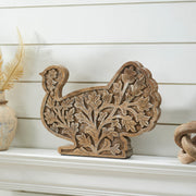 Autumn Harvest Carved Wooden Turkey Figurine, Fall Leaf Tabletop Decor, Thanksgiving Accent, 10x14x2 (2 Piece Bundle)