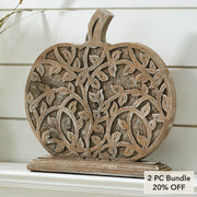 Harvest Vine Carved Wooden Pumpkin Rustic Natural Fall Tabletop Decor 12x11x2 Autumn Accent (2 Piece Bundle)
