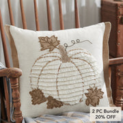 Fall Harvest Farmhouse Embroidered Pumpkin Jute Flange Throw Pillow 18x18 (2 Piece Bundle)