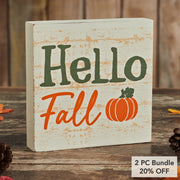 Hello Fall Pumpkin Autumn Harvest Farmhouse Rustic CreamTabletop Sign 5x5 Inch Decorative Plaque (2 Piece Bundle)