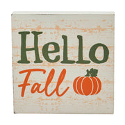 Hello Fall Pumpkin Autumn Harvest Farmhouse Rustic CreamTabletop Sign 5x5 Inch Decorative Plaque (2 Piece Bundle)