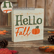 Hello Fall Pumpkin Autumn Harvest Farmhouse Rustic CreamTabletop Sign 5x5 Inch Decorative Plaque (2 Piece Bundle)