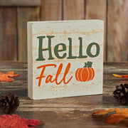 Hello Fall Pumpkin Autumn Harvest Farmhouse Rustic CreamTabletop Sign 5x5 Inch Decorative Plaque (2 Piece Bundle)
