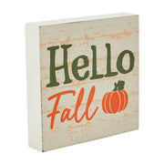 Hello Fall Pumpkin Autumn Harvest Farmhouse Rustic CreamTabletop Sign 5x5 Inch Decorative Plaque (2 Piece Bundle)