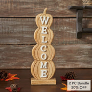 Pumpkin Stack Welcome Sign Fall Farmhouse Rustic Decor Tiered Harvest Wall Plaque 16.5 Inch (2 Piece Bundle)