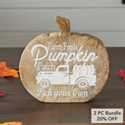 Farm Fresh Pumpkin Patch Wood Decor Rustic Farmhouse Fall Tabletop Sign 6.25 Inch (2 Piece Bundle)