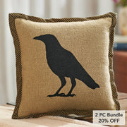 Raven Harvest 9x9 Inch Primitive Farmhouse Raven Decorative Accent Pillow (2 Piece Bundle)