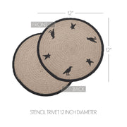 Raven Harvest Stencil 12 Inch Round Cotton Quilted Farmhouse Trivet Hot Pad for Rustic Fall Kitchen Decor (2 Piece Bundle)