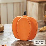 Rustic Orange Wooden Pumpkin Fall Harvest Tabletop Decor Accent 9x8x2 Inch (2 Piece Bundle)