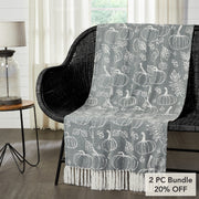 Autumn Fall Grey Pumpkin Silhouette Plush Throw Blanket 50x60 Cozy Home Decor (2 Piece Bundle)