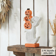 Halloween Wooden Stacked Jack O Lantern Ghost Tabletop Decor Figurine 11x6x2 Inch (2 Piece Bundle)