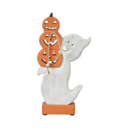 Halloween Wooden Stacked Jack O Lantern Ghost Tabletop Decor Figurine 11x6x2 Inch (2 Piece Bundle)