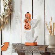 Halloween Wooden Stacked Jack O Lantern Ghost Tabletop Decor Figurine 11x6x2 Inch (2 Piece Bundle)